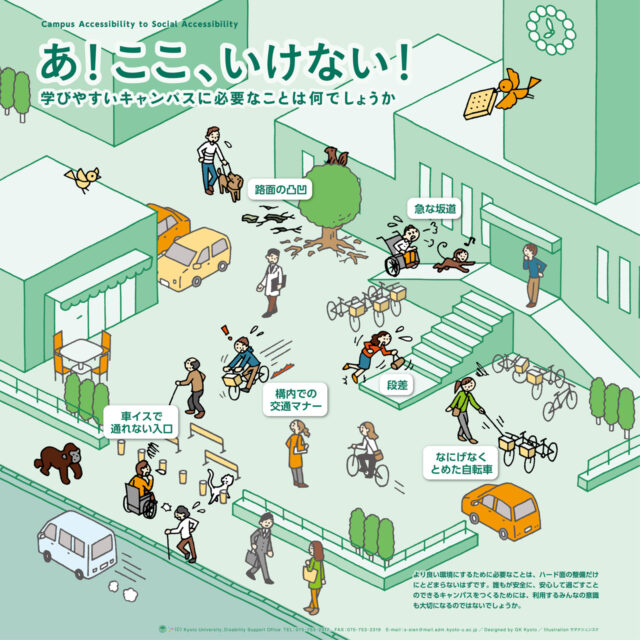 ポスター画像:路面の凸凹、旧な坂道、段差、構内での交通マナー、なにげなくとめた自転車、車イスで通れない入口