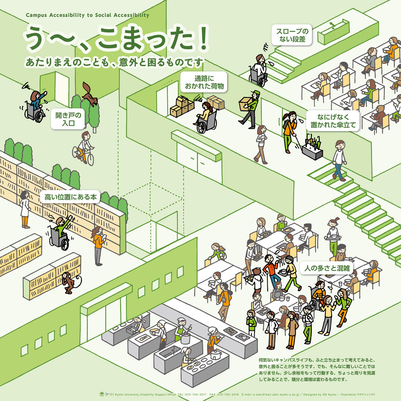 ポスター画像：スロープのない段差、通路におかれた荷物、開き戸の入口、高い位置にある本、なにげなく置かれた傘立て、人の多さと混雑