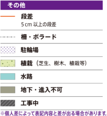 [その他]段差：赤い太線：5cm以上の段差。段差：鎖線。駐車場：紫色のドット模様。植栽（芝生、樹木、植栽等）：薄緑に緑のドット。水路：水色。地下・進入不可：灰色。工事中：灰色に斜線。※個人差によって表記内容と差が出る場合があります。